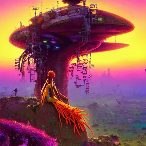 Prompt: an exotic african cyberpunk woman with colorful dreadlocks sitting on a cliff overlooking a field of colorful flowers with a giant glowing baobab tree in the middle, it is sunset, by greg rutkowski and android jones and Alena Aenami in a surreal cyberpunk! style, oil on canvas, 8k hd,