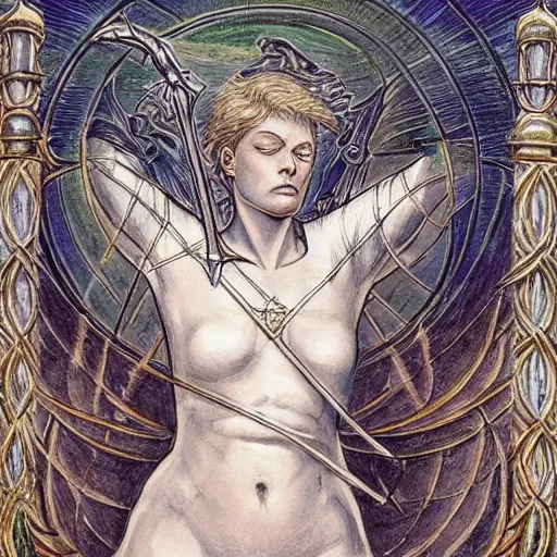 Prompt: most beautiful jeanne d'arc in the style of william blake, terese nielsen, detailed, intricate, beautiful faces, porta magna, called by the grave, steve argyle, loss of sanity, ecclesial wolf's den pastoral fantastic reality