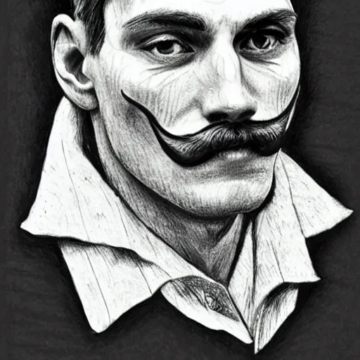 Image similar to A crosshatched portrait drawing of Jerma985 with a pyramidal mustache in the mid-late 1800s, cross haching, crosshatching, mid-late 1800s, grainy, realistic, hyperrealistic, very realistic, highly detailed, very detailed, extremely detailed, detailed, trending on artstation