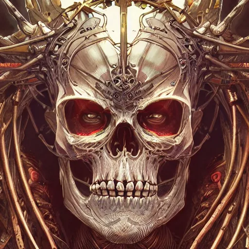 Image similar to ultra realistic illustration of the cybernetic skeleton king with a crown of blades, intricate, highly detailed, digital painting, artstation, concept art, sharp focus, illustration, art by artgerm and greg rutkowski and alphonse mucha