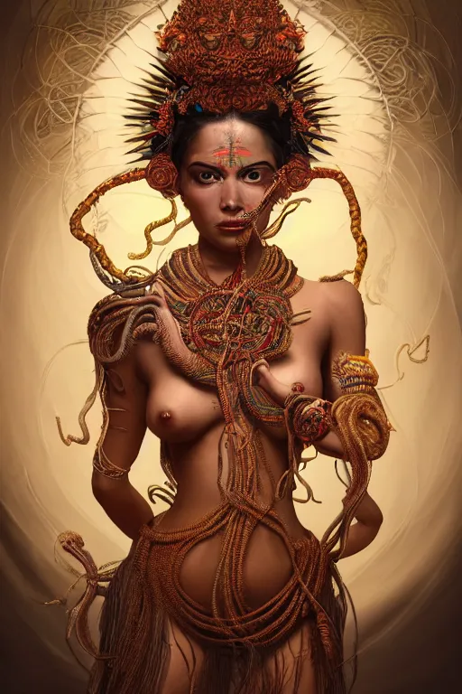 Image similar to an immaculate render of a dancing tribal goddess adorned with leaves and cables and bird wings parts in a temple surrounded by wild tentacles made from mandalas and incense smoke, full body, perfect face, powerful, cinematic, beautifully lit, by artgerm, by karol bak, 3 d, trending on artstation, octane render, 8 k