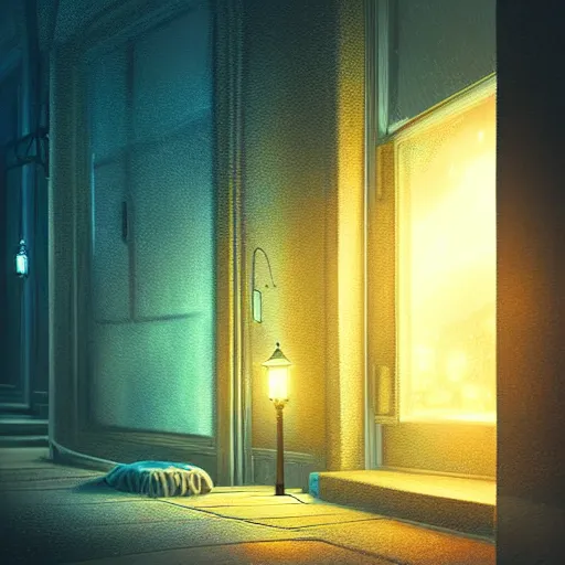 Prompt: beautiful digital fantasy illustration of lights in the night, highly detailed, soft lighting, rendered in octane, masterpiece, very very very aesthetic