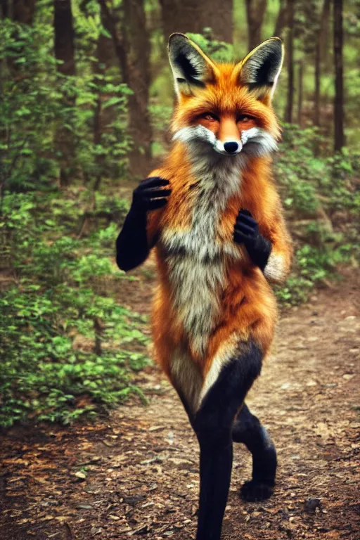 Image similar to anthro furry digitigrade natural - colored fox woman with black paws, walking upright in a forest, cinematic