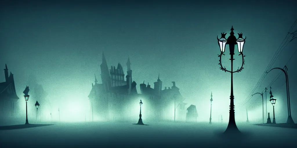 Prompt: curved perspective epic illustration of night city with curly victorian street lamp in a foggy field from tim burton nightmare before christmas