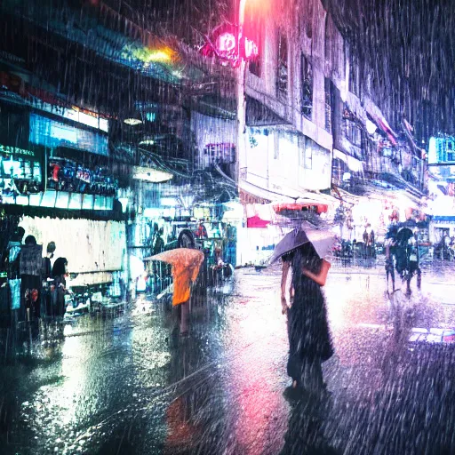 Image similar to cyberpunk ho chi minh city in the rain, time - lapse, photojournalism, wide angle, perspective, double - exposure, light, tones of black in background