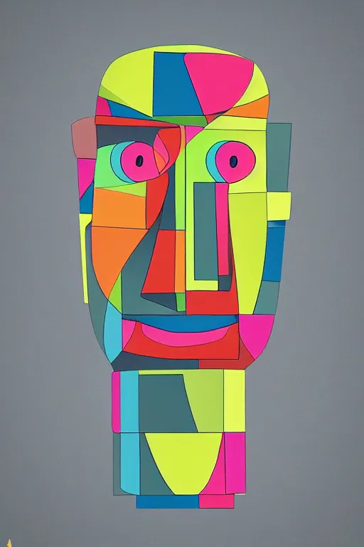 Image similar to cubist moai statue cutout digital illustration cartoon colorful beeple