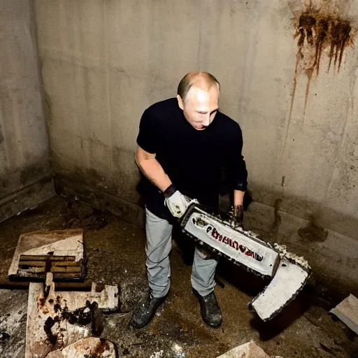 Image similar to putin with a chainsaw. in a concrete bunker with a pile of corpses. focus on putins face with blood splatters. canon eos r 3, f / 1. 4, iso 1 6 0 0, 1 / 8 0 s, 8 k, raw, grainy