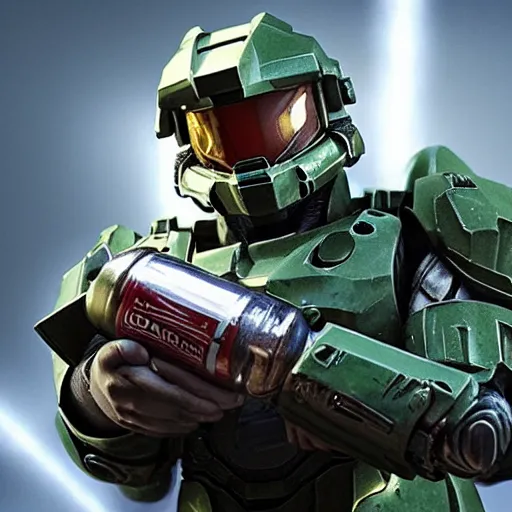 Image similar to master chief holding a can of beer, cinematic lighting, photorealistic, happy feeling,