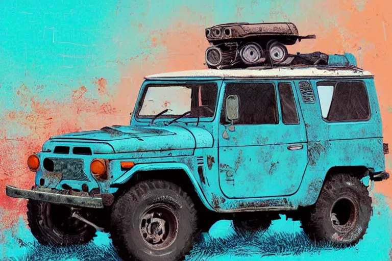 Image similar to digital illustration of a faded cyan mad max's fj 4 0 decrepit!!!! pursuit special, rusty!!! nissan fj cruiser heavily modded 1 9 9 0 s, the last v 8 interceptor by makoto shinkai, ilya kuvshinov, lois van baarle, rossdraws, basquiat