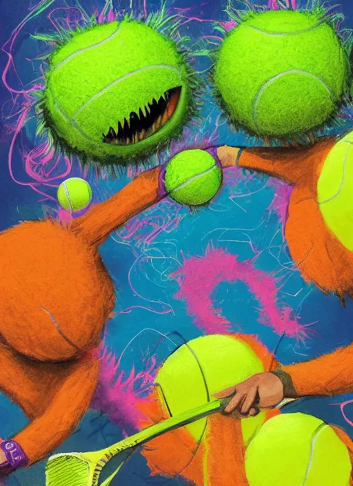 Image similar to tennis ball monsters playing tennis, a tennis ball monster, tennis ball, colorful, digital art, fantasy, magic, trending on artstation, ultra detailed, professional illustration, chalk, poster artwork by basil gogos, clean