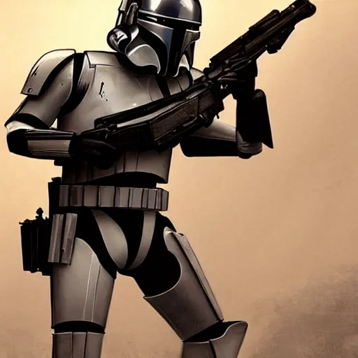 Image similar to an extremely long shot of an imperial stormtrooper in battle position ready to shoot his blaster concept art by Doug Chiang cinematic, realistic painting, high definition, very detailed, extremely high detail, photo realistic, concept art, the Mandalorian concept art style