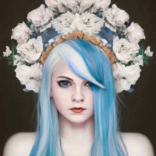 Prompt: a pale girl with white hair wears floral crown, sad blue eyes, cinematic lighting, ultra detailed, grand master oil painting