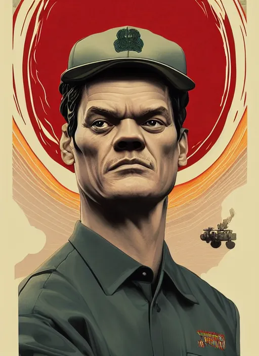 Image similar to poster artwork by Michael Whelan and Tomer Hanuka, Karol Bak of portrait of Michael Shannon the local mechanic clerk at the auto store, from Twin Peaks, clean, simple illustration, nostalgic, domestic, full of details