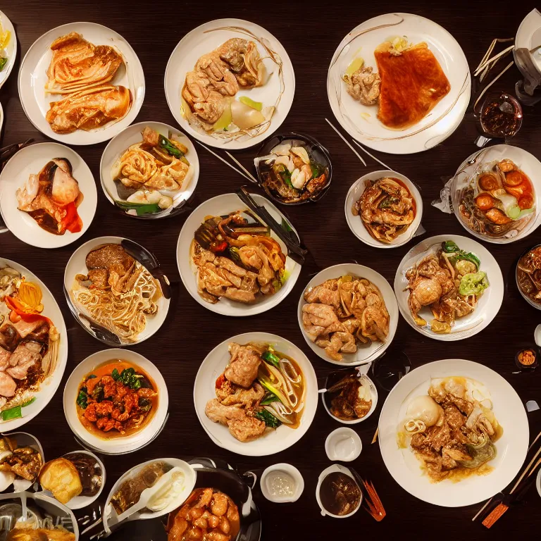 Prompt: close - up focused dslr photograph of a chinese dinner, 8 k, high detail, volumetric lighting, hyperrealism, aesthetically pleasing, studio lighting, trending