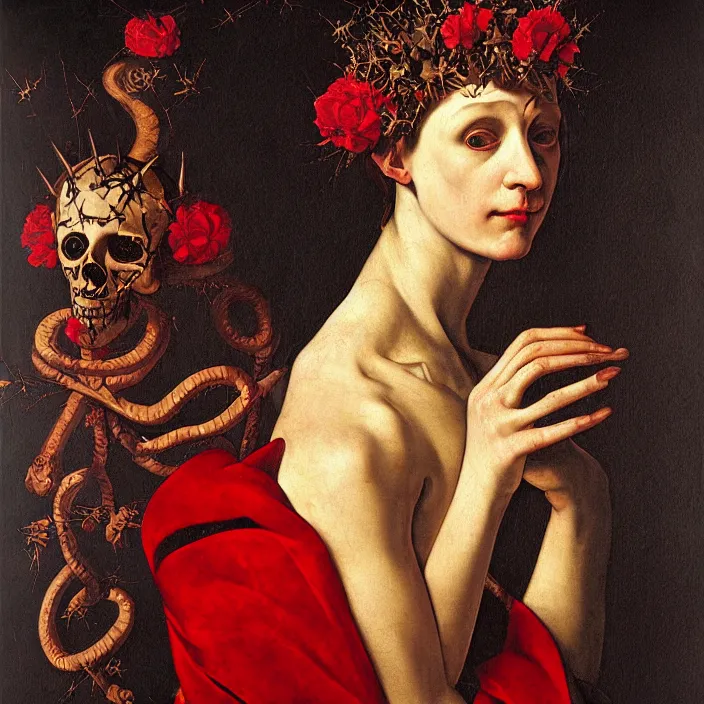 Prompt: portrait of a woman with a golden skull instead of a head, a wreath of thorns, a dress of bones and roses, horns, snakes, smoke, flames, full-length, oil painting in a renaissance style , very detailed, red background, painted by Caravaggio.