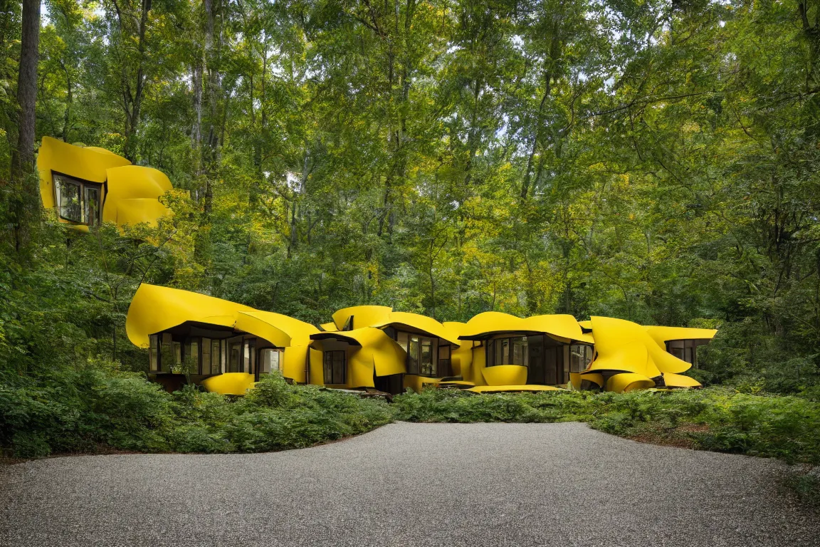 Prompt: a mid century modern house in a forest, designed by Frank Gehry. Tiles. Small gravel driveway . Film grain, cinematic, yellow hue