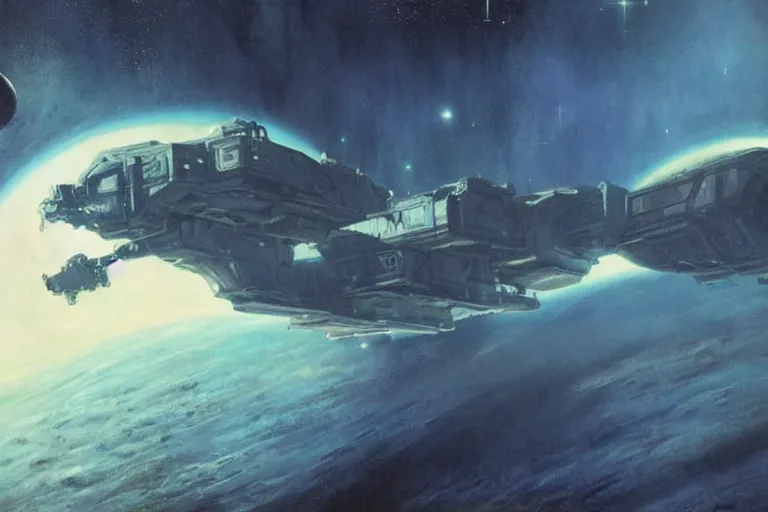 Prompt: a vast ancient derelict starship adrift in space, art by John Harris, award-winning masterpiece, trending on ArtStation