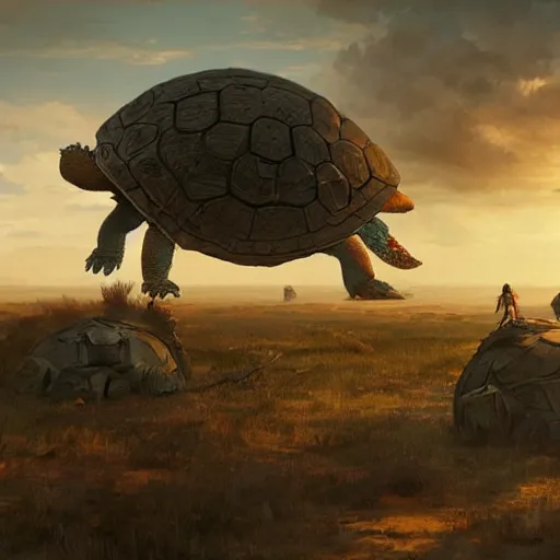 Prompt: a tribe taking on a giant steampunk turtle on the empty plains at dawn, ethereal fantasy art by greg rutkowski