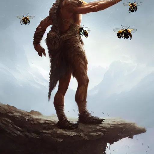 Image similar to a Hunter from Stone Age, Primal surrounded by bees Greg Rutkowski and Raymond Swanland, Trending on Artstation, cloudy background, ultra realistic digital art