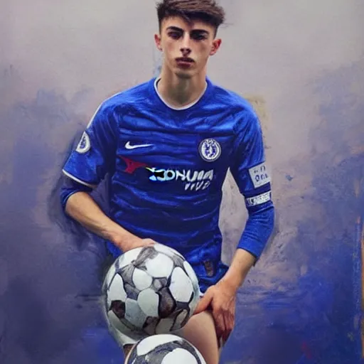 Prompt: attractive kai havertz wearing blue chelsea shirt by ruan jia, portrait