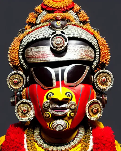 Image similar to photo of a Dramatic Kathakali male character with traditional headgear painted face wearing futuristic robocop LED goggles and futuristic robot armour with wide traditional ghaghra in the style of stefan kostic, full body, realistic, sharp focus, symmetric, 8k high definition, insanely detailed, intricate, elegant, art by stanley lau and artgerm, Hajime Sorayama, William-Adolphe Bouguereau