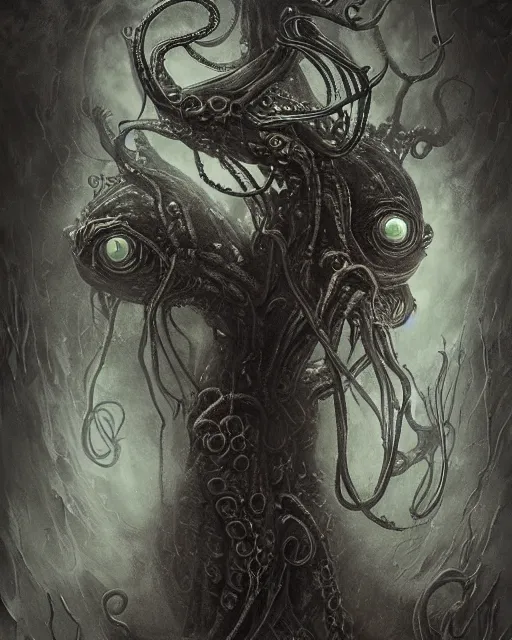Prompt: gruesome creature with long tentacles and many eyes, endless eyes!, glowing eyes!, too many eyes!, midnight fog - mist!, dark oil painting colors, realism, cinematic lighting, various refining methods, micro macro autofocus, ultra definition, award winning photo, photograph by ghostwave - gammell - giger - shadowlord