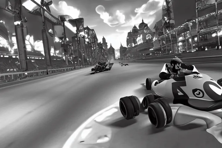 Image similar to gigachad in mario kart, ingame screenshot, black and white, high detailed