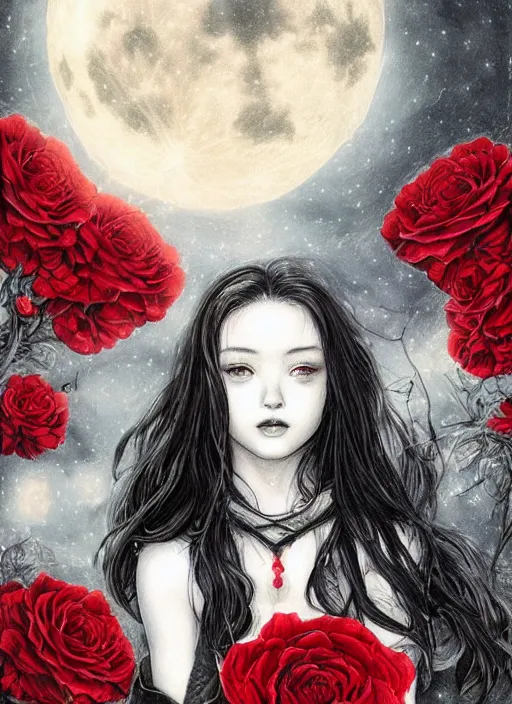 Image similar to portrait, A young witch in front of the full big moon, book cover, red roses, red white black colors, establishing shot, extremly high detail, foto realistic, cinematic lighting, pen and ink, intricate line drawings, by Yoshitaka Amano, Ruan Jia, Kentaro Miura, Artgerm, post processed, concept art, artstation, matte painting, style by eddie, raphael lacoste, alex ross