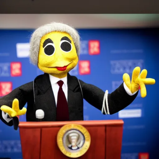 Image similar to president puppeteer that looks like a marionette in a podium giving a press conference