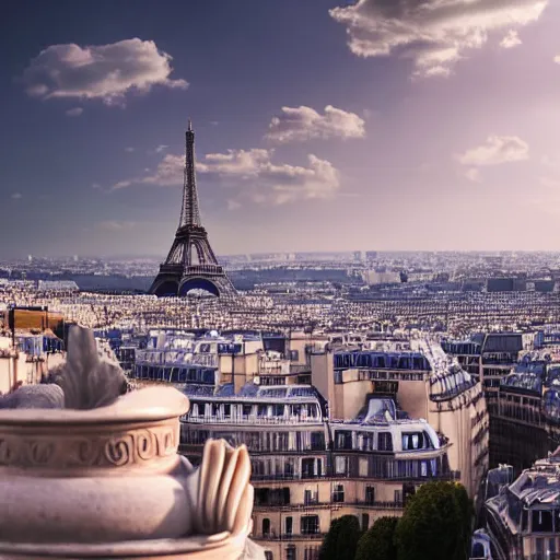 Image similar to clay pot overlooking paris eiffel tower, light pastel blue sky and clouds in the background, softly - lit, soft - warm, zen, light, modern minimalist f 2 0 clean