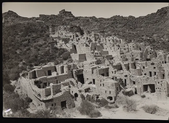 Image similar to Photograph of sprawling pueblo ruins carved out of a cliff face, showing terraced gardens and narrow stairs in lush desert vegetation in the foreground, albumen silver print, Smithsonian American Art Museum