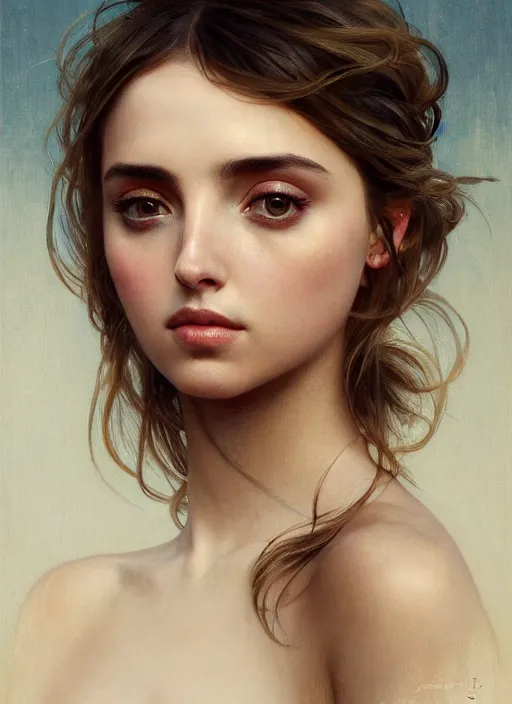 Image similar to beautiful portrait of ana de armas, soft features, by magali villeneuve and greg rutkowski and artgerm and alphonse mucha and jeremy lipkin and rob hay, intricate, elegant, highly detailed, photorealistic, trending on artstation, trending on cgsociety, 8 k, sharp focus