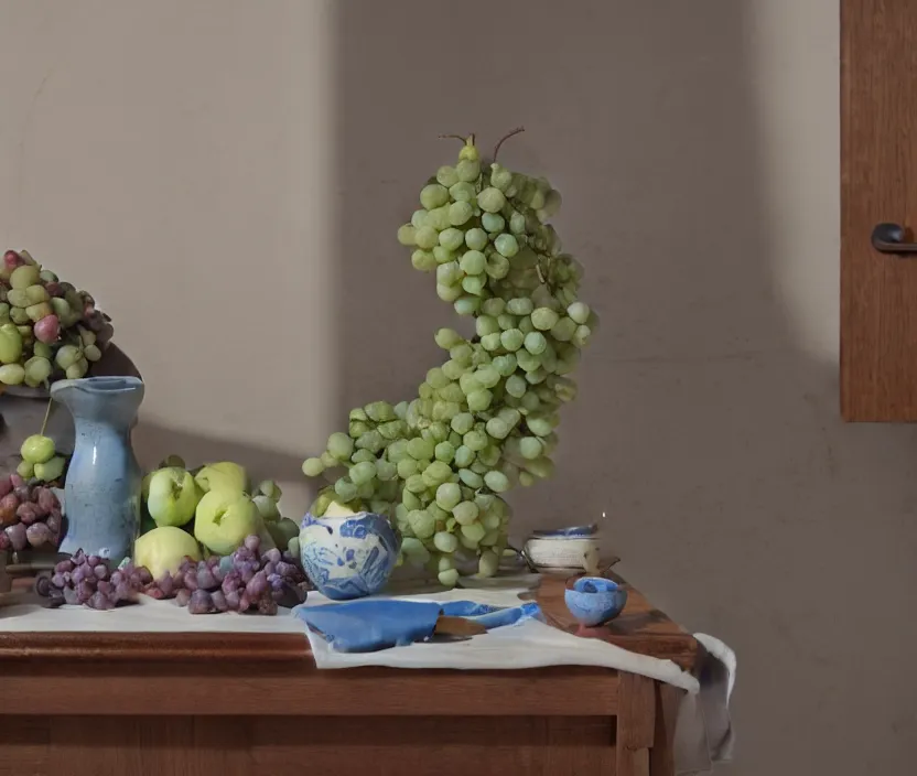 Prompt: Still life studio, on the left there are a blue porcelaine vase and a white rose, in the middle there are an apple and a knife, on the right there are a bunch of grapes and a glass wine, unreal engine, highly detailed, 8k