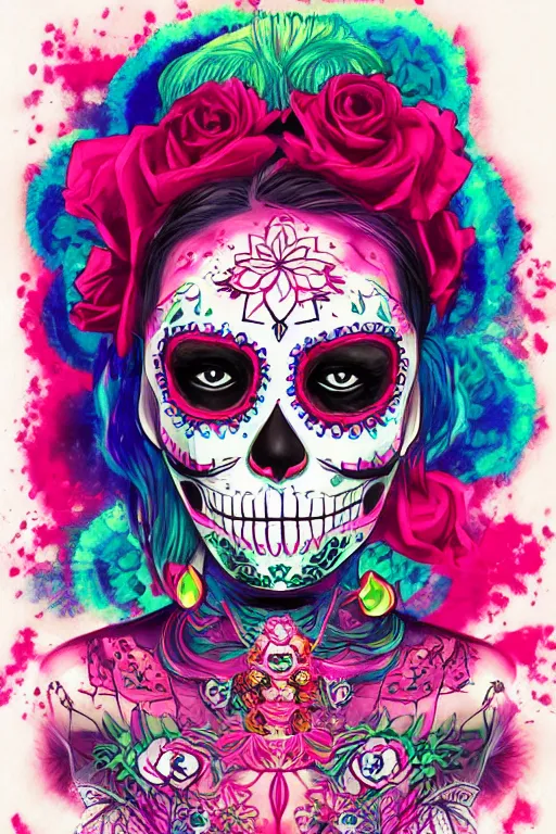 Prompt: Illustration of a sugar skull day of the dead girl, art by liam wong