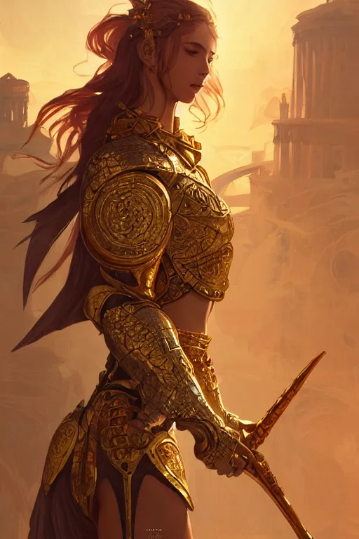 Image similar to knights of zodiac girl, golden and copper armor, karate fighting in ruined agora of athens sunrise, ssci - fi and fantasy, intricate and very very beautiful and elegant, highly detailed, digital painting, artstation, concept art, smooth and sharp focus, illustration, art by tian zi and wlop and alphonse mucha