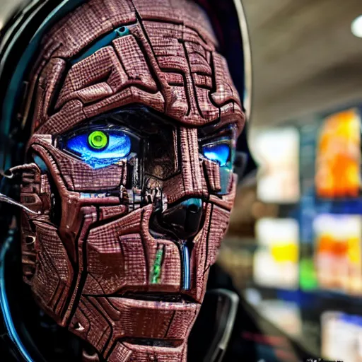 Image similar to photo of a cyborg!! in sale, in a store display, hiding a dark secret, highly detailed face, expressive face, cyberpunk, year 3022, medium full shot, depth of field, ISO 300, aperture f11, 1/100 obturation speed