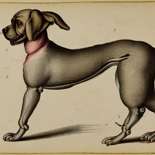 Image similar to anatomical diagram of a puppet dog, by maria sibylla merian