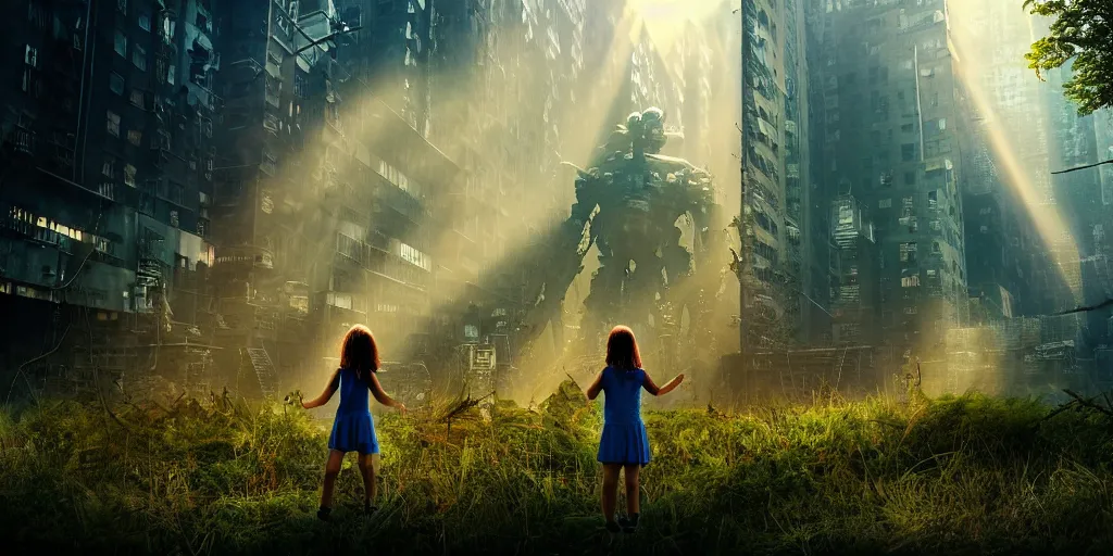 Image similar to textless sci - fi scene future overgrown new york city street, little girl alone in manhattan holding the left hand of giant robot, forest punk, crepuscular rays, epic scene, hyper realistic, photo realistic, overgrowth, cinematic atmosphere, ethereal lighting,