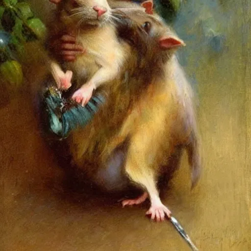 Prompt: Majestic Pet Rat sitting on the shoulder of its owner painting by Gaston Bussiere