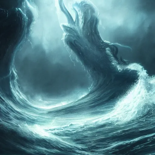 Prompt: a detailed matte painting of storming ocean, demons form the waves, sea creature with tenticles, dramatic lighting, super human in the air, epic c proportion.