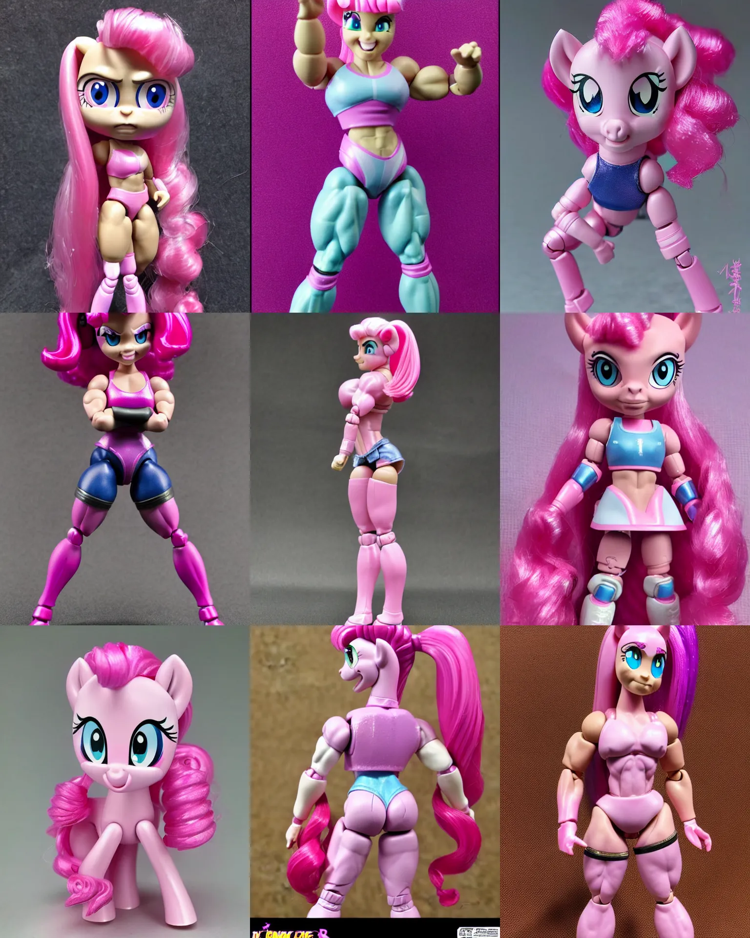 Prompt: pinky pie my little pony, neca!!! pretty! beautiful! powerlifter oversized muscular very detailed realistic action figure by neca face close up mid body in the style of neca, character by neca, film still, bokehs