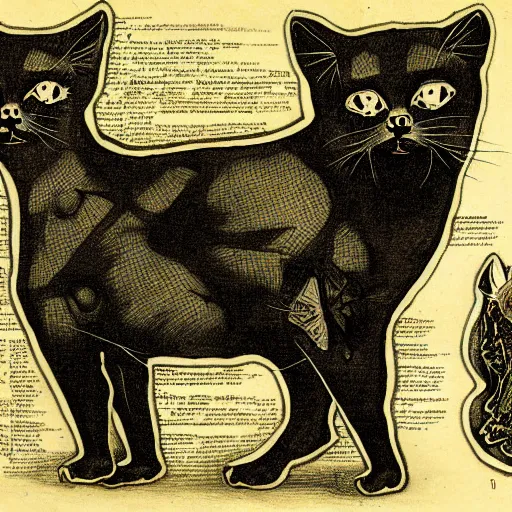Image similar to siamese cat cow hybrid, anatomical drawings, hp lovecraft, old paper manuscript, fineline detail, cinematic quality, high octane