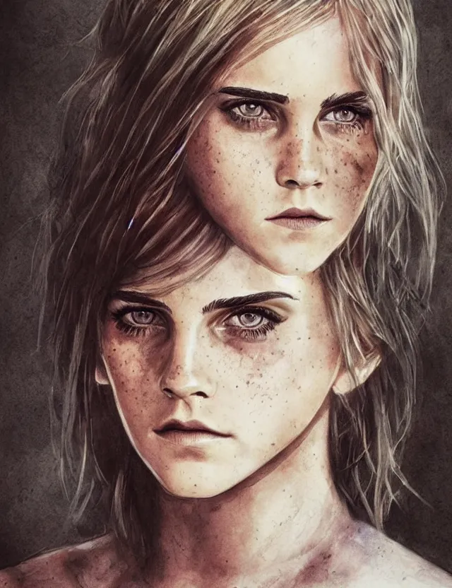 Image similar to portrait of a young emma watson as ciri from the witcher 3, beautiful eyes, aquarelle, realistic painting, freckles, 1 / 4 headshot