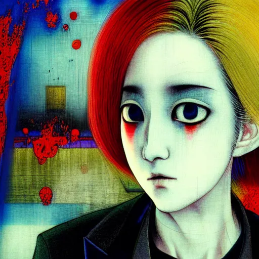 Image similar to yoshitaka amano blurred and dreamy three quarter angle portrait of a young woman with white hair and black eyes wearing dress suit with tie, playstation 2 horror game, junji ito abstract patterns in the background, satoshi kon anime, chungking express color palette, noisy film grain effect, highly detailed, renaissance oil painting, weird portrait angle, blurred lost edges