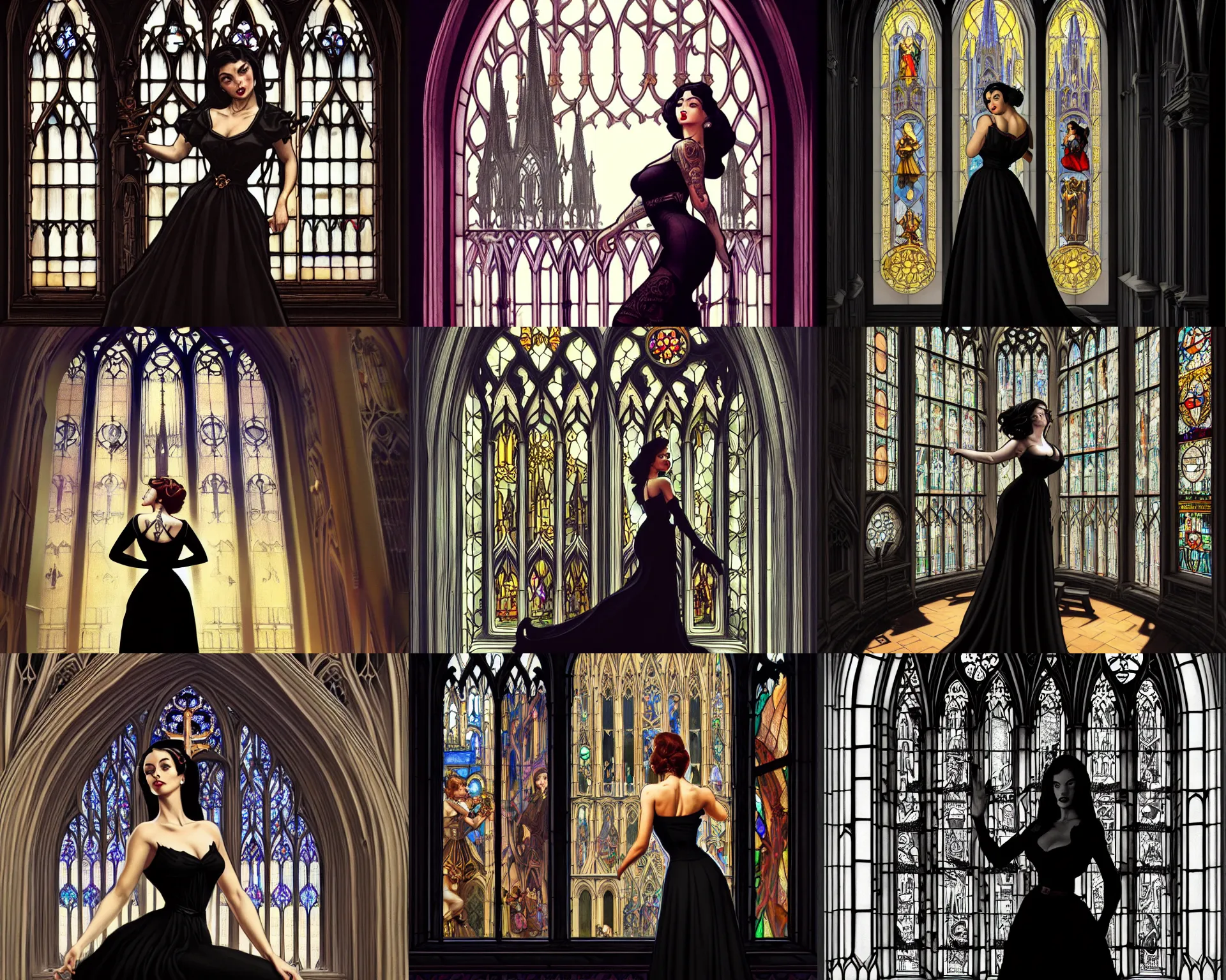 Prompt: black dress tattooed pinup stands in front of a cathedral window, deep focus, turnaround, fantasy, intricate, elegant, highly detailed, digital painting, artstation, concept art, matte, sharp focus, illustration, hearthstone, art by artgerm and greg rutkowski and alphonse mucha.