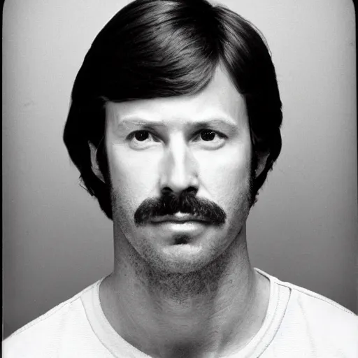 Prompt: Mugshot Portrait of Kip Dynamite, taken in the 1970s, photo taken on a 1970s polaroid camera, grainy, real life, hyperrealistic, ultra realistic, realistic, highly detailed, epic, HD quality, 8k resolution, body and headshot, film still, front facing, front view, headshot and bodyshot, detailed face, very detailed face