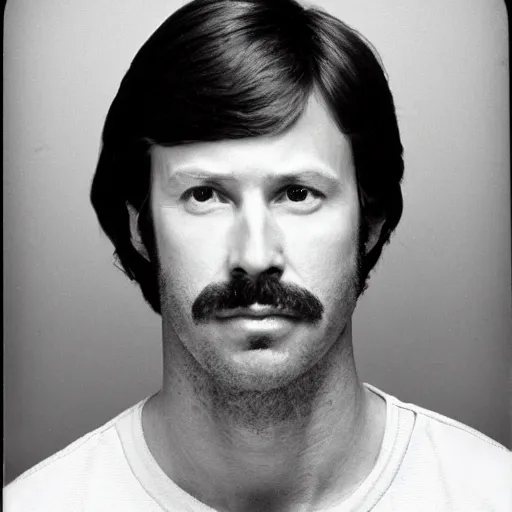 Image similar to Mugshot Portrait of Kip Dynamite, taken in the 1970s, photo taken on a 1970s polaroid camera, grainy, real life, hyperrealistic, ultra realistic, realistic, highly detailed, epic, HD quality, 8k resolution, body and headshot, film still, front facing, front view, headshot and bodyshot, detailed face, very detailed face