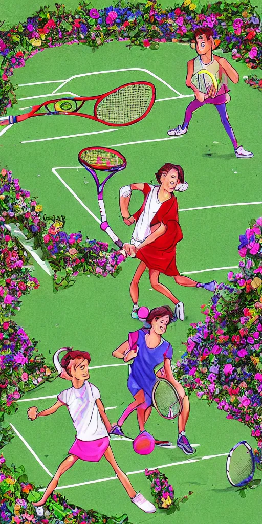 Image similar to Two elves playing tennis on a tennis court made of flowers, digital art
