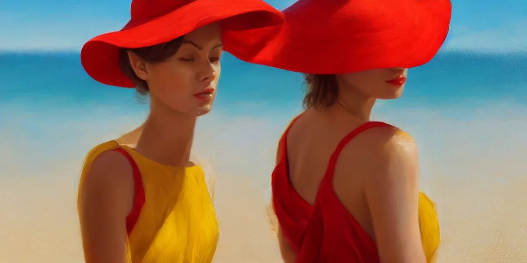 Image similar to beautiful oil matte portrait painting, young woman with red dress and mustard yellow summer hat at a beach on a sunny day, wonderful masterpiece highly detailed, beautiful cinematic light deep focus, elegant, digital painting, smooth, sharp focus, golden ratio, dramatic illumination, ultra realistic, 8 k, art by jimmy law