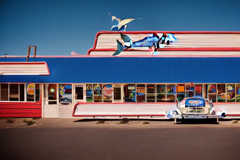 Image similar to 2 0 1 5 fish themed underwater american diner, googie architecture, two point perspective, americana, fishcore, restaurant exterior photography, 8 5 mm, taken by alex webb